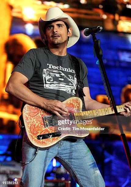 Brad Paisley performs part of his American Saturday Night Tour at Sleep Train Amphitheatre on September 26, 2009 in Wheatland, California.