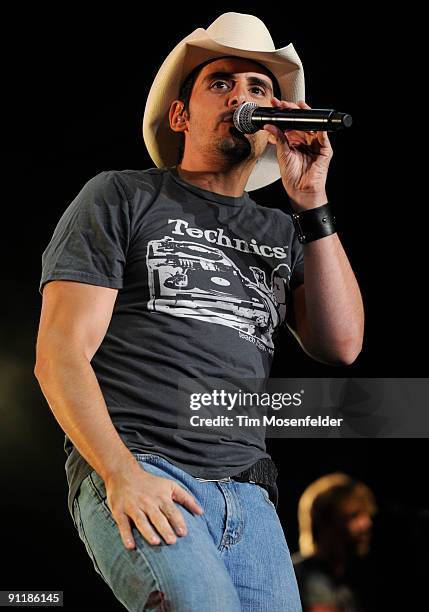 Brad Paisley performs part of his American Saturday Night Tour at Sleep Train Amphitheatre on September 26, 2009 in Wheatland, California.