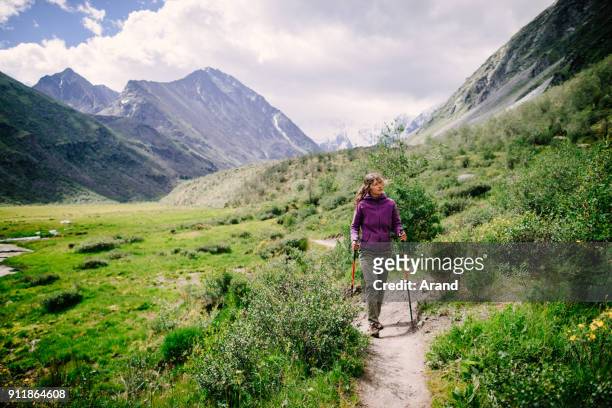 jeune femme de randonnée - montagnes altaï photos et images de collection
