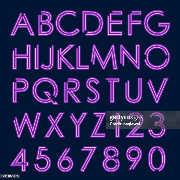 lila neon leuchtende buchstaben und zahlen - neon numbers stock-grafiken, -clipart, -cartoons und -symbole