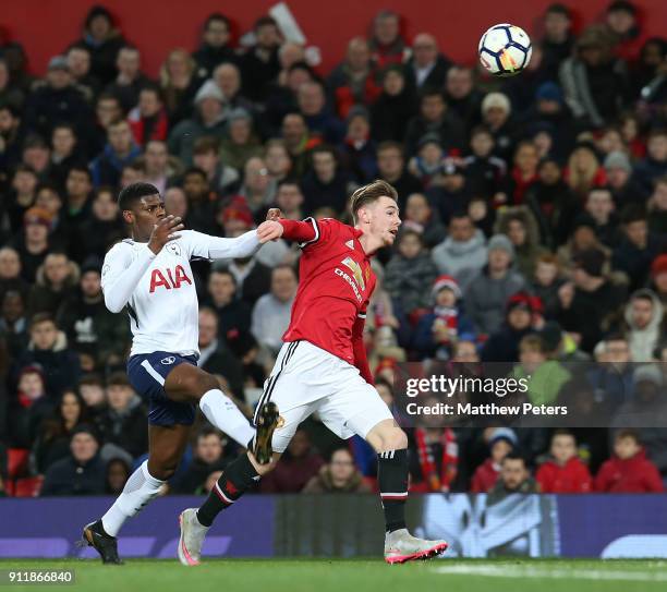 Indy Boonen of Manchester United U23s in action during the Premier League 2 match between Manchester United U23s and Tottenham Hotspur U23s at Old...