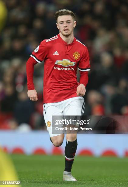 Indy Boonen of Manchester United U23s in action during the Premier League 2 match between Manchester United U23s and Tottenham Hotspur U23s at Old...