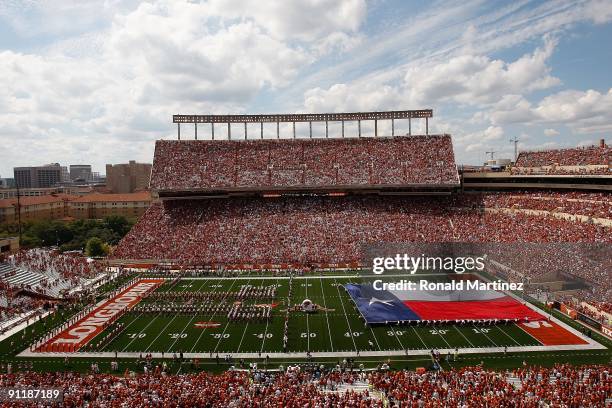 Texas flag on the field before a game between the UTEP Miners and the Texas Longhorns at Darrell K Royal-Texas Memorial Stadium on September 26, 2009...