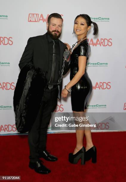 Chase Campbell and adult film actress Saya Song attend the 2018 Adult Video News Awards at the Hard Rock Hotel & Casino on January 27, 2018 in Las...