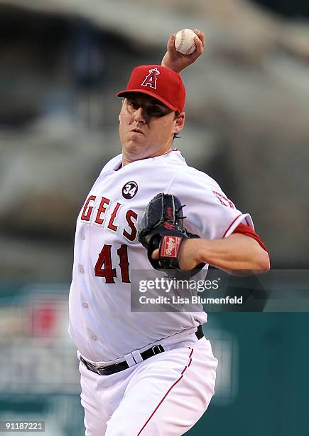 John Lackey of the Los Angeles Angels of Anaheim pitches against the Oakland Athletics at Angel Stadium of Anaheim on September 26, 2009 in Anaheim,...