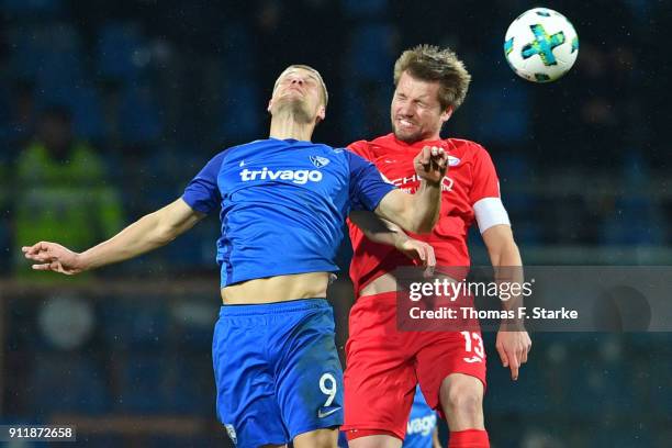 Johannes Wurtz of Bochum and Julian Boerner of Bielefeld head for the ball during the Second Bundesliga match between VfL Bochum 1848 and DSC Arminia...