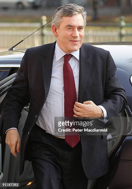 Prime Minister Gordon Brown arrives at a Baptist Church on September 27, 2009 in Brighton, England. Party officials and delegates are gathering in...