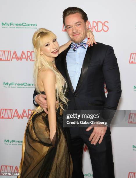 Adult film actress Kenzie Reeves and adult film actor Kyle Mason attend the 2018 Adult Video News Awards at the Hard Rock Hotel & Casino on January...