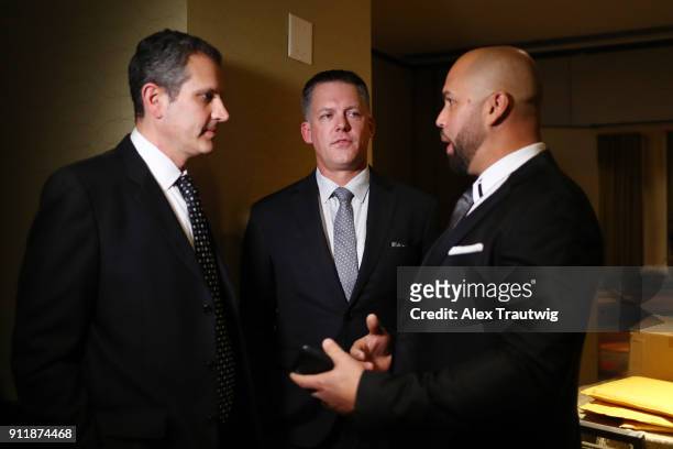 Carlos Beltran speaks with AJ Hinch during the 2018 Baseball Writers' Association of America awards dinner on Sunday, January 28, 2018 at the...