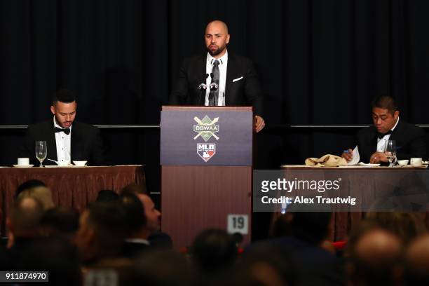Carlos Beltran speaks during the 2018 Baseball Writers' Association of America awards dinner on Sunday, January 28, 2018 at the Sheraton Times Square...