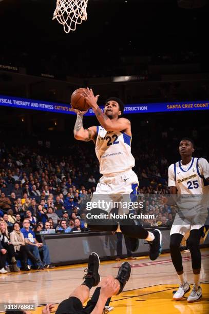 Michael Gbinije of the Santa Cruz Warriors drives to the basket against the Austin Spurs on January 28, 2018 at Oracle Arena in Oakland, California....