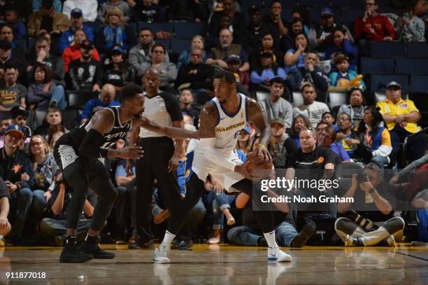 Terrence Jones of the Santa Cruz Warriors handles the ball against the Austin Spurs on January 28, 2018 at Oracle Arena in Oakland, California. NOTE...
