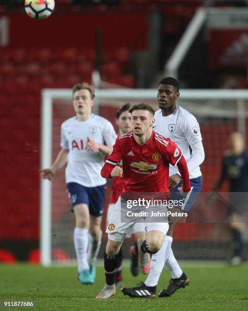 Indy Boonen of Manchester United U23s in action during the Premier League 2 match between Manchester United U23s and Tottenham Hotspur U23s at Old...