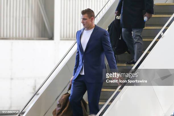New England Patriots tight end Rob Gronkowski arrives for Super Bowl LII at Minneapolis-St Paul International Airport on January 29, 2018.