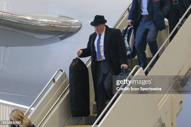 New England Patriots head coach Bill Belichick arrives for Super Bowl LII at Minneapolis-St Paul International Airport on January 29, 2018.