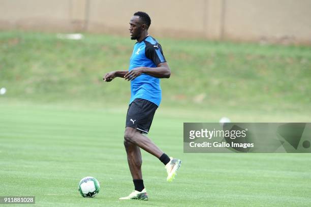 Retired Jamaican athletic superstar Usain Bolt joins the Mamelodi Sundowns Training Session at Chloorkop on January 29, 2018 in Pretoria, South...