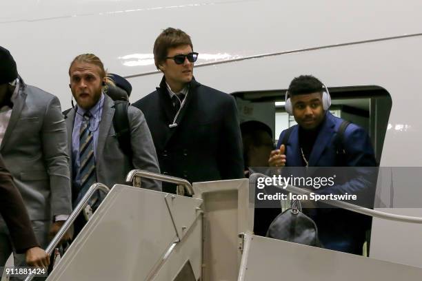 New England Patriots quarterback Tom Brady arrives for Super Bowl LII at Minneapolis-St Paul International Airport on January 29, 2018.