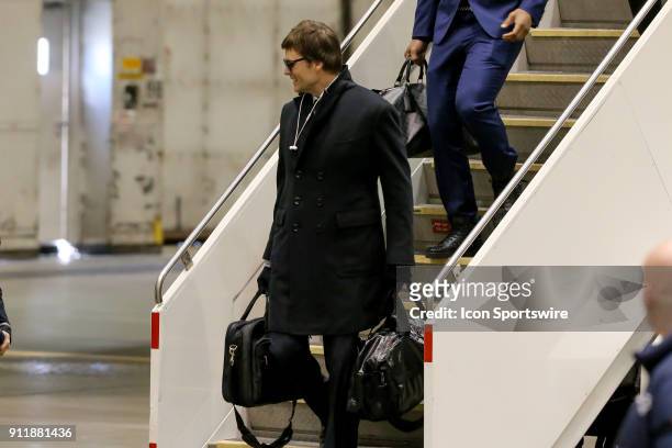New England Patriots quarterback Tom Brady arrives for Super Bowl LII at Minneapolis-St Paul International Airport on January 29, 2018.