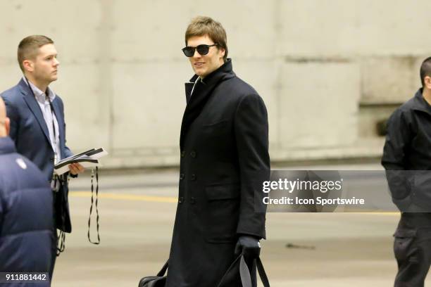 New England Patriots quarterback Tom Brady arrives for Super Bowl LII at Minneapolis-St Paul International Airport on January 29, 2018.