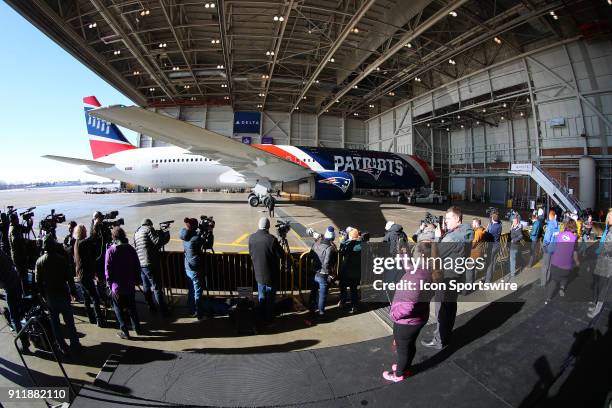 New England Patriots arrive on their private jet for Super Bowl LII at Minneapolis-St Paul International Airport on January 29, 2018.