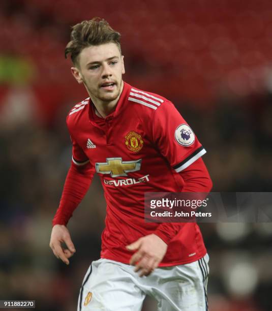 Indy Boonen of Manchester United U23s in action during the Premier League 2 match between Manchester United U23s and Tottenham Hotspur U23s at Old...