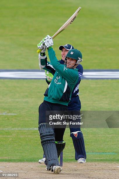 Sussex Sharks wicketkeeper Andy Hodd looks on as Steven Davies hits a ball to the boundary during the Natwest Pro40 match between Worcestershire...