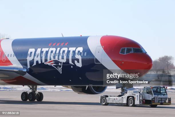 New England Patriots arrive on their private jet for Super Bowl LII at Minneapolis-St Paul International Airport on January 29, 2018.