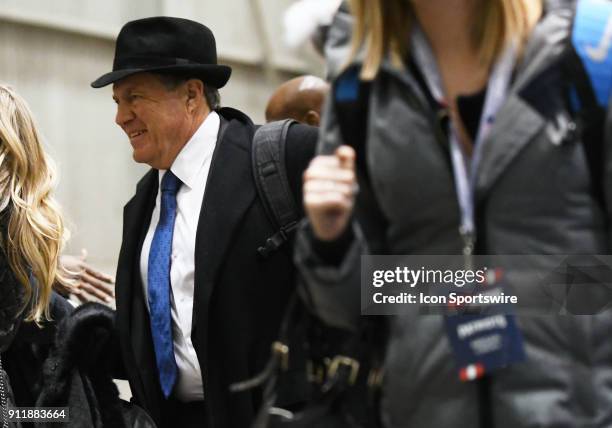 New England Patriots Head Coach Bill Belichick arrives for Super Bowl LII on January 29, 2018 at the Minneapolis-St. Paul International Airport in...