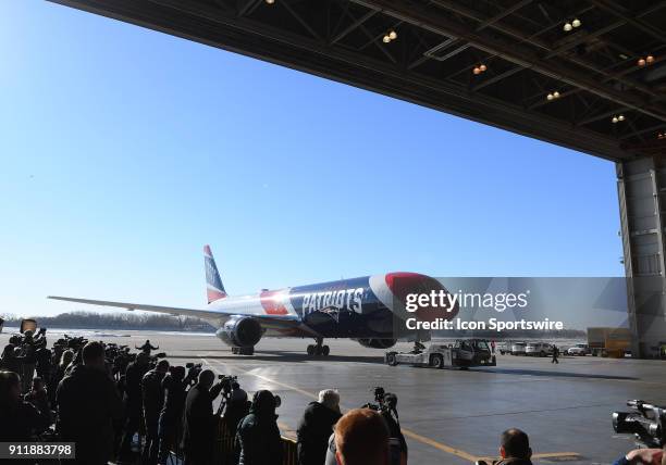 The New England Patriots team plane arrives for Super Bowl LII on January 29, 2018 at the Minneapolis-St. Paul International Airport in Minneapolis,...