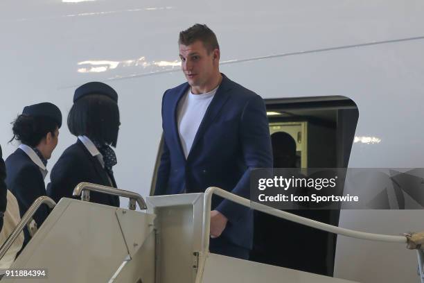 New England Patriots tight end Rob Gronkowski arrives for Super Bowl LII at Minneapolis-St Paul International Airport on January 29, 2018.