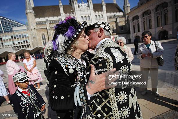 Pearly Kings and Queens gather to celebrate their annual Costermonger's Harvest Festival at the London Guildhall on September 27, 2009 in London,...