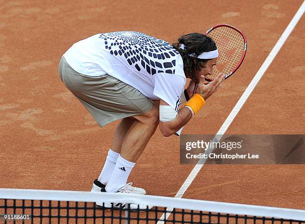 Juan Monaco of Argentina screams at himself after he misses a point against Albert Montanes of Spain during the Final match of the BCR Open Romania...