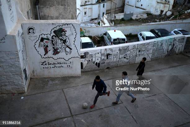 Wall painted by an Algerian artist in the famous district of the Casbah, Algiers, Algeria, January 29, 2018. The distric was integrated into a...
