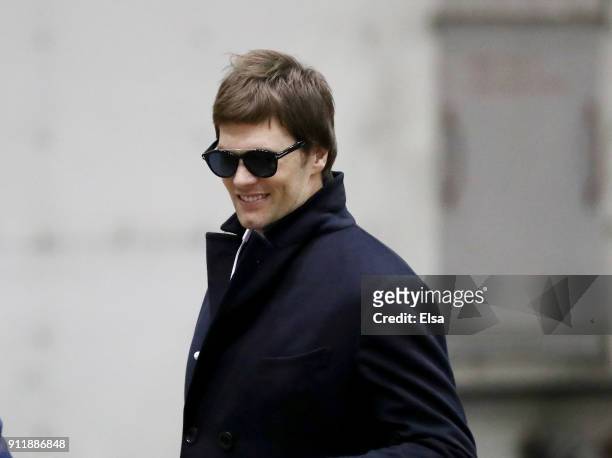 Quarterback Tom Brady of the New England Patriots arrives with his teammates for Super Bowl LII on January 29, 2018 at the Minneapolis-St. Paul...
