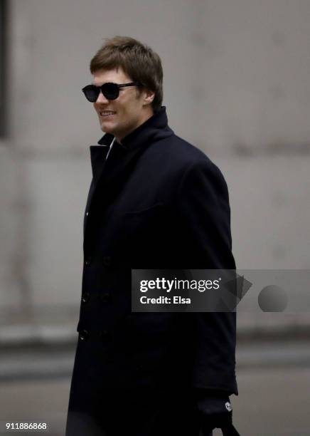 Quarterback Tom Brady of the New England Patriots arrives with his teammates for Super Bowl LII on January 29, 2018 at the Minneapolis-St. Paul...