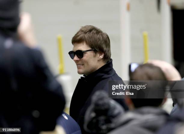 Quarterback Tom Brady of the New England Patriots arrives with his teammates for Super Bowl LII on January 29, 2018 at the Minneapolis-St. Paul...