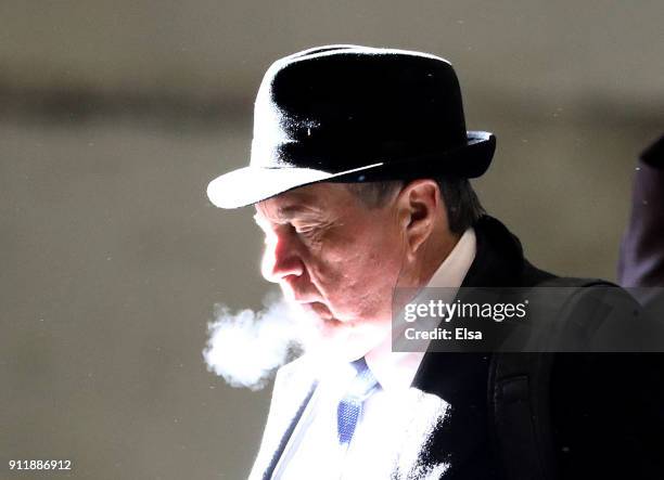 Head coach Bill Belichick of the New England Patriots arrives with his teammates for Super Bowl LII on January 29, 2018 at the Minneapolis-St. Paul...