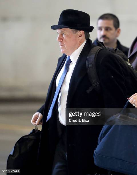 Head coach Bill Belichick of the New England Patriots arrives with his teammates for Super Bowl LII on January 29, 2018 at the Minneapolis-St. Paul...