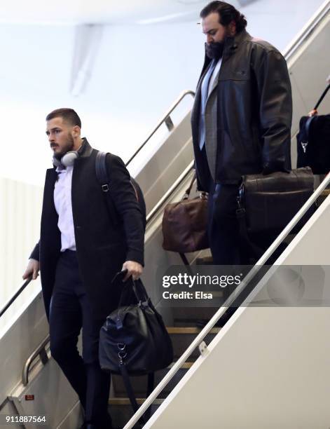 Danny Amendola and Matt Patricia of the New England Patriots arrives with his teammates for the Super Bowl LII on January 29, 2018 at the...