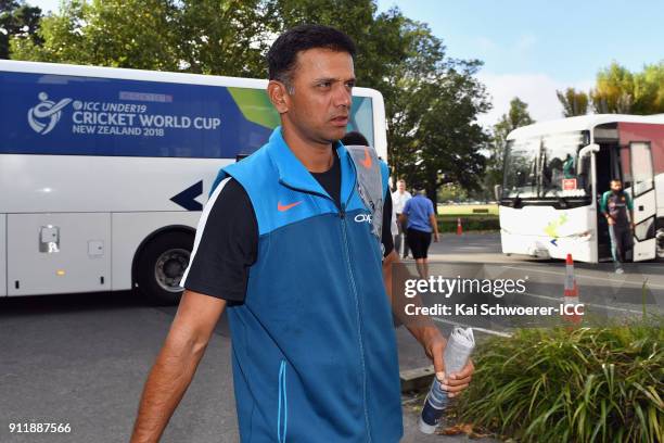Head Coach Rahul Dravid of India arrives prior to the ICC U19 Cricket World Cup Semi Final match between Pakistan and India at Hagley Oval on January...