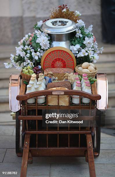 Cart sits with produce, as the Pearly Kings and Queens gather to celebrate their annual Costermonger's Harvest Festival at the London Guildhall on...