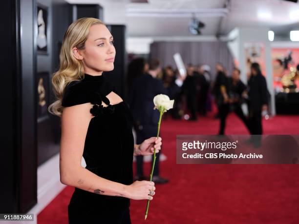 Miley Cyrus on the red carpet at THE 60TH ANNUAL GRAMMY AWARDS broadcast live on both coasts from New York City's Madison Square Garden on Sunday,...