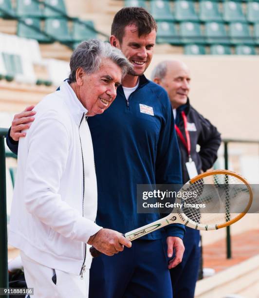 Captain of the Great Britain Davis Cup team, Leon Smith poses with Manuel Santana of Spain ahead of the Davis Cup by BNP Paribas World Group First...