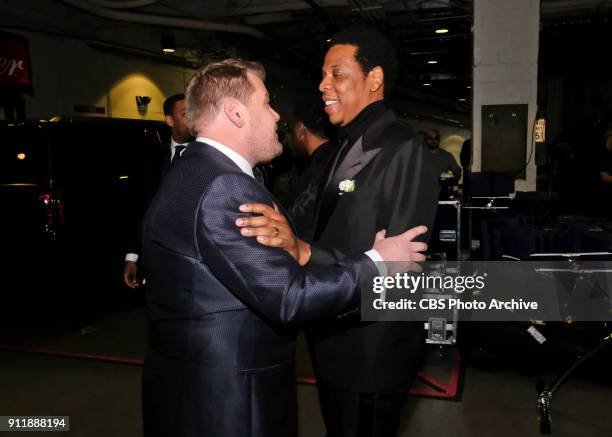 James Corden and JAY-Z backstage at THE 60TH ANNUAL GRAMMY AWARDS broadcast live on both coasts from New York City's Madison Square Garden on Sunday,...