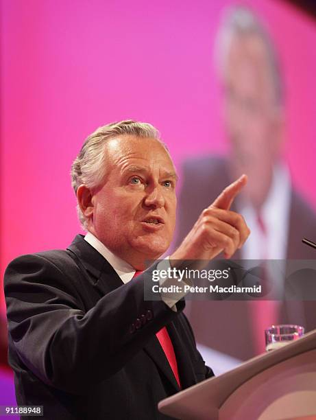 Welsh Secretary Peter Hain speaks at the Labour Party Conference on September 27, 2009 in Brighton, England. Party officials and delegates are...