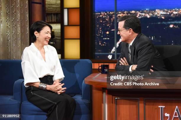 The Late Show with Stephen Colbert and guest Ann Curry during Monday's January 22, 2018 show.