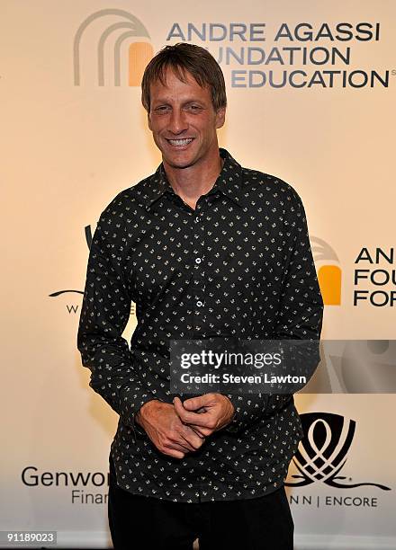 Professional skateboarder Tony Hawk arrives at the 14th annual Andre Agassi Charitable Foundation's Grand Slam for Children benefit concert at the...