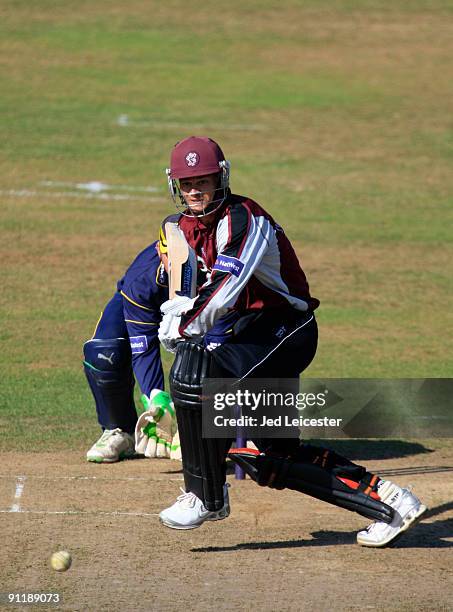 Zander de Bruyn of Somerset ccc ahead of wicketkeeper Phil Mustard of Durham ccc on his way to scoring 55 runs during the NatWest Pro40: Division One...