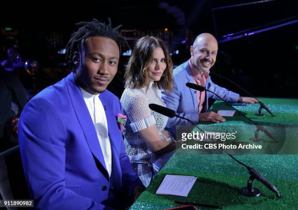 New York Giants wide receiver Brandon Marshall, Katharine McPhee, and Maz Jobrani look on before judging MVP: MOST VALUABLE PERFORMER during a...