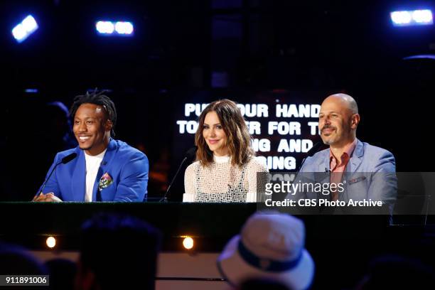 New York Giants wide receiver Brandon Marshall, Actress Katharine McPhee, and Comedian Maz Jobrani judge MVP: MOST VALUABLE PERFORMER during a...